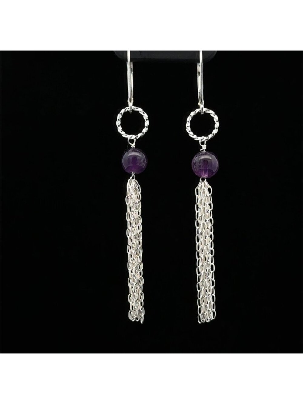 925 Sterling Silver Leverback Earrings Amethyst Tassel Interchangeable Modular
